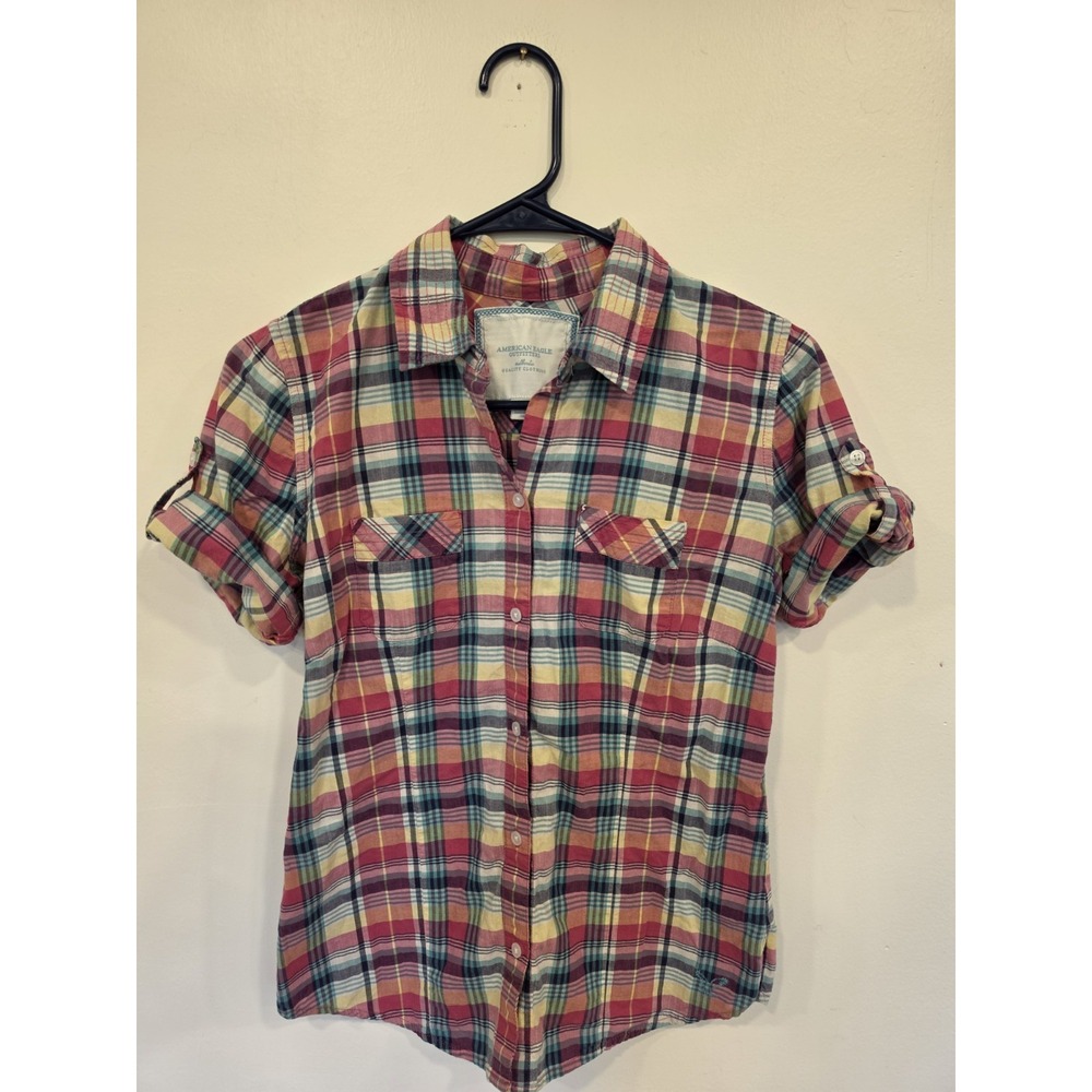 Y2K American Eagle Plaid Button Up Shirt Womens 6 Cotton Roll Tab Top Bella Swan